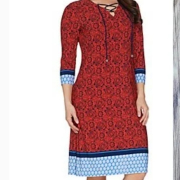 Susan Graver Tomato Girl Summer lace up patterned Liquid Knit dress Medium - Picture 1 of 10